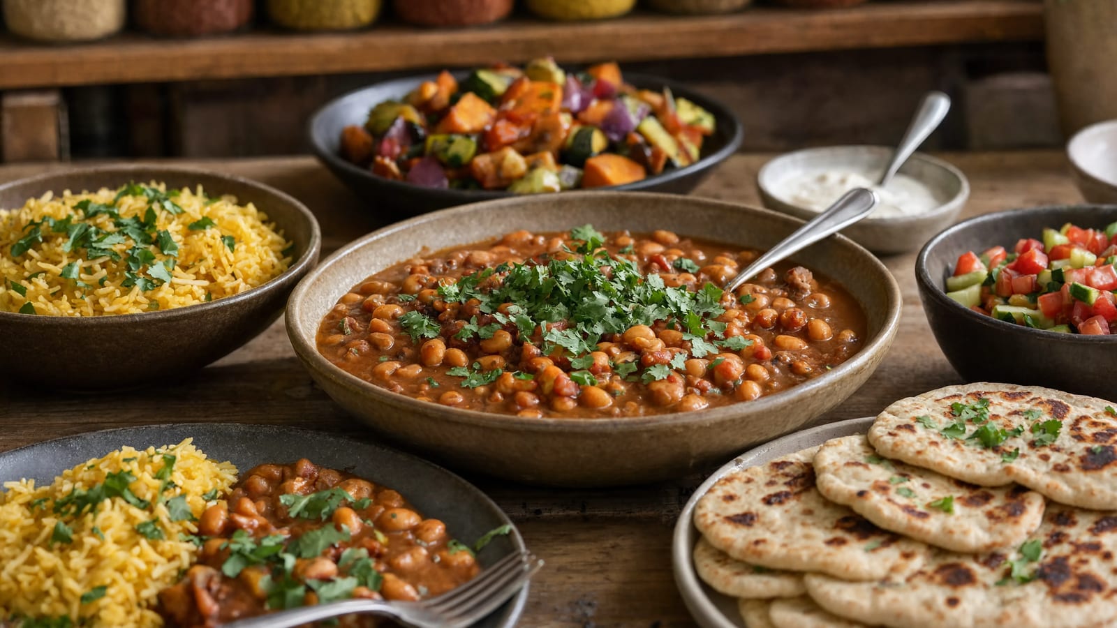 A family dinner table with varied colorful meals cooked from pantry staples