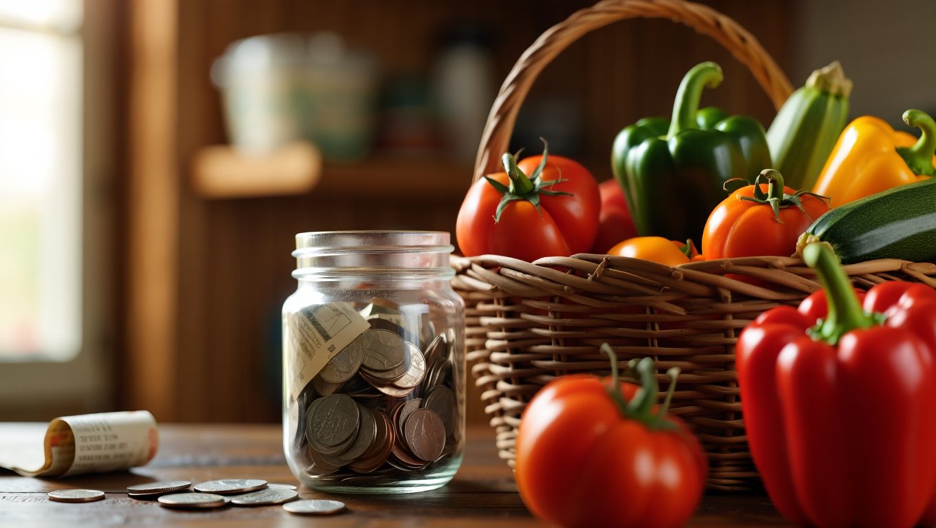 A harvest basket of vegetables on a kitchen counter beside a jar of coins