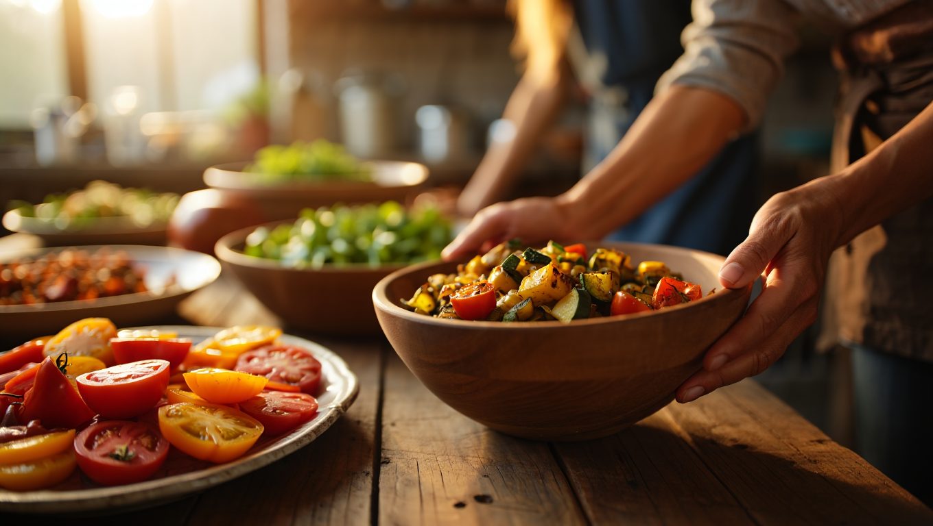 A family table being set with dishes made from a fresh garden harvest