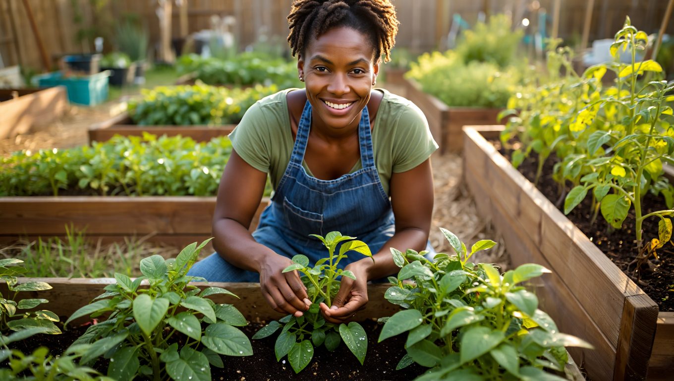 A gardener kneeling between raised vegetable beds at golden hour, checking young tomato plants