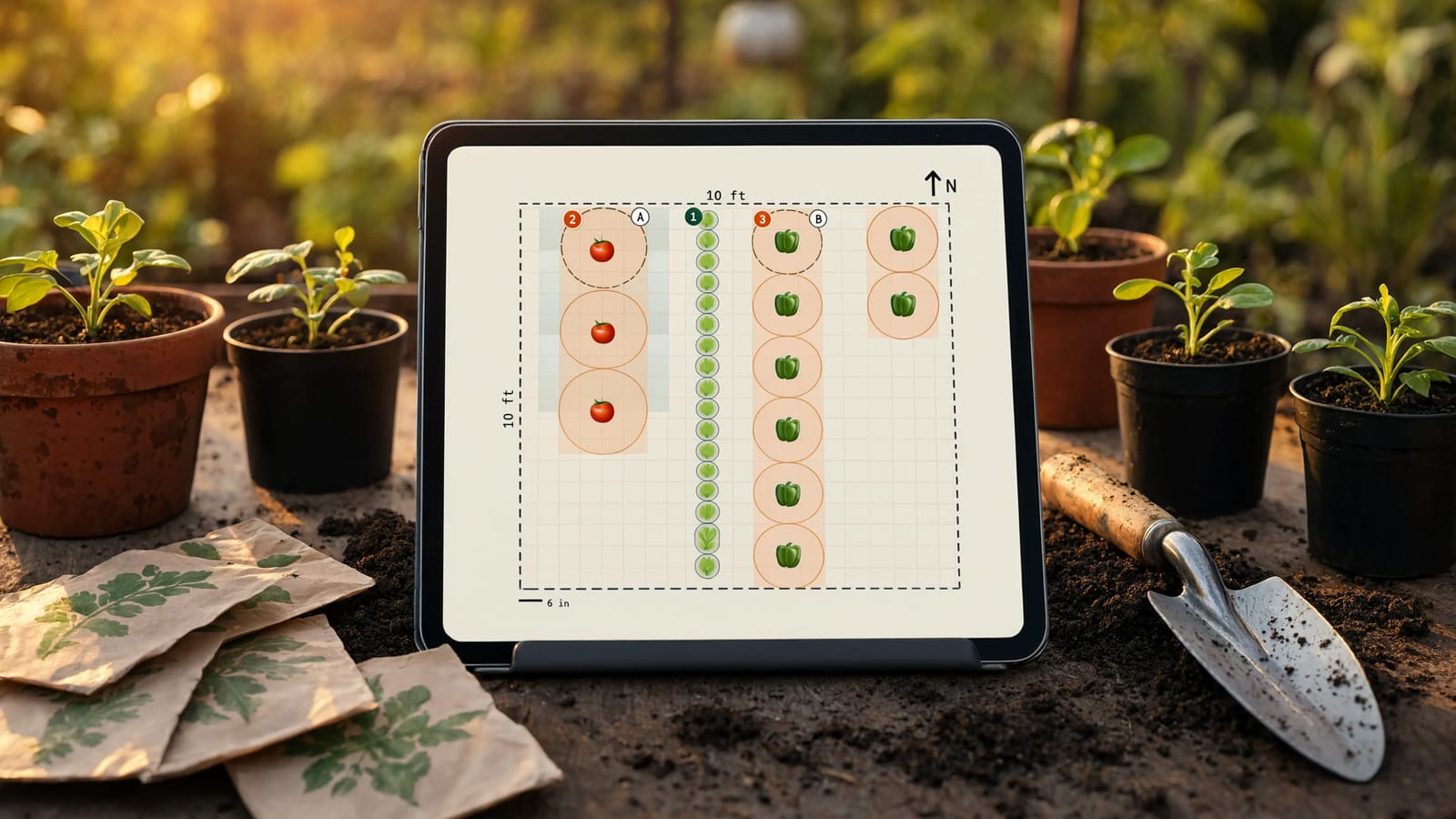 A tablet on a garden potting table showing the PlotToTable to-scale bed map, surrounded by seed packets and seedlings