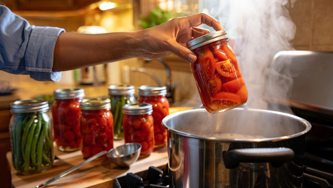 Filled mason jars of tomatoes and green beans beside a steaming water-bath canner