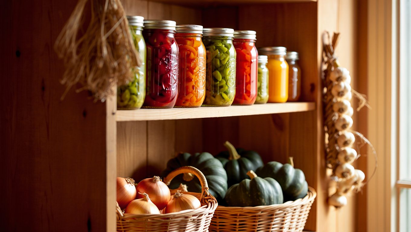 Pantry shelves stocked with colorful preserved jars, baskets of onions and winter squash, and a garlic braid
