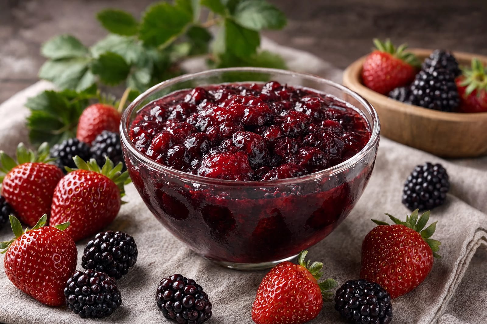 A glass bowl of berry jam with strawberry and blackberry pieces