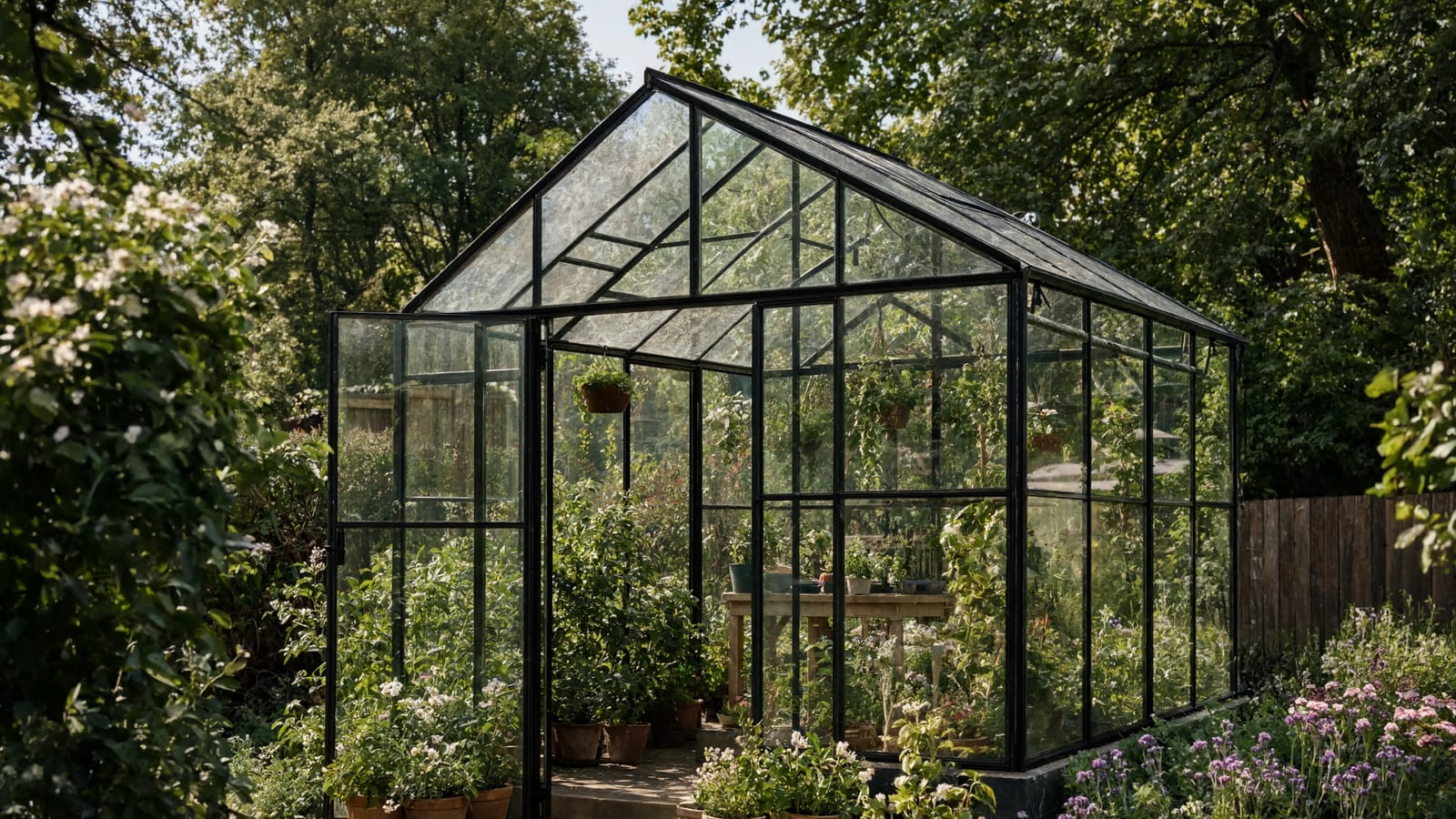A backyard greenhouse surrounded by greenery on a sunny day
