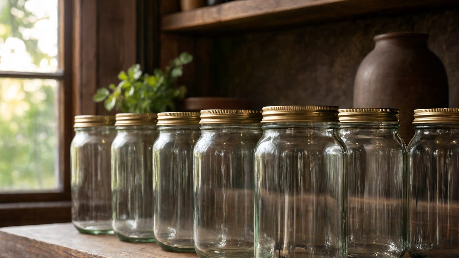 Mason jars arranged on a shelf ready for preserving