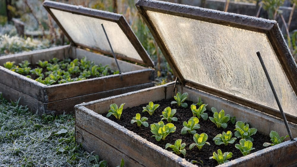 Wooden cold frames with slanted glass lids protecting young plants