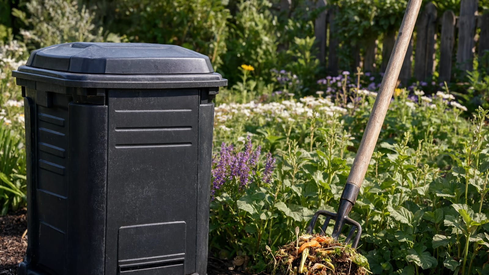 A compost bin working in a green spring garden