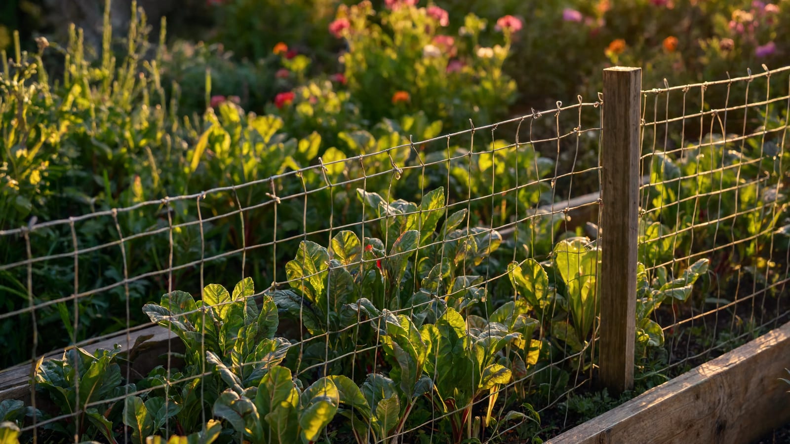 A wire garden fence with flowers in the background