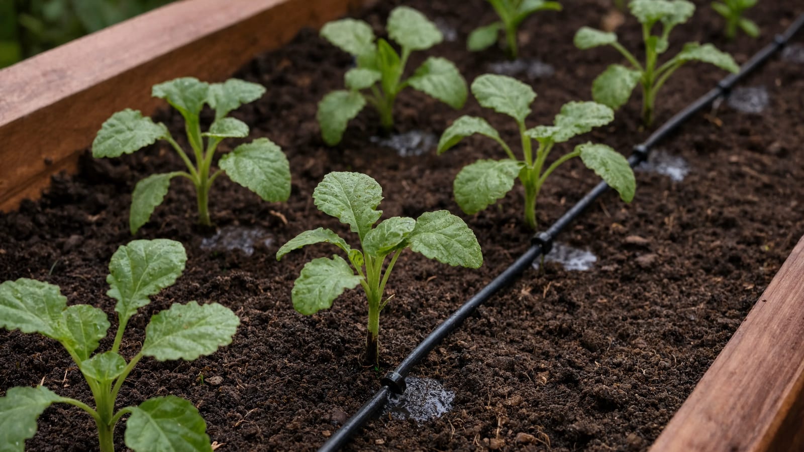 Young vegetable plants watered by a drip irrigation line