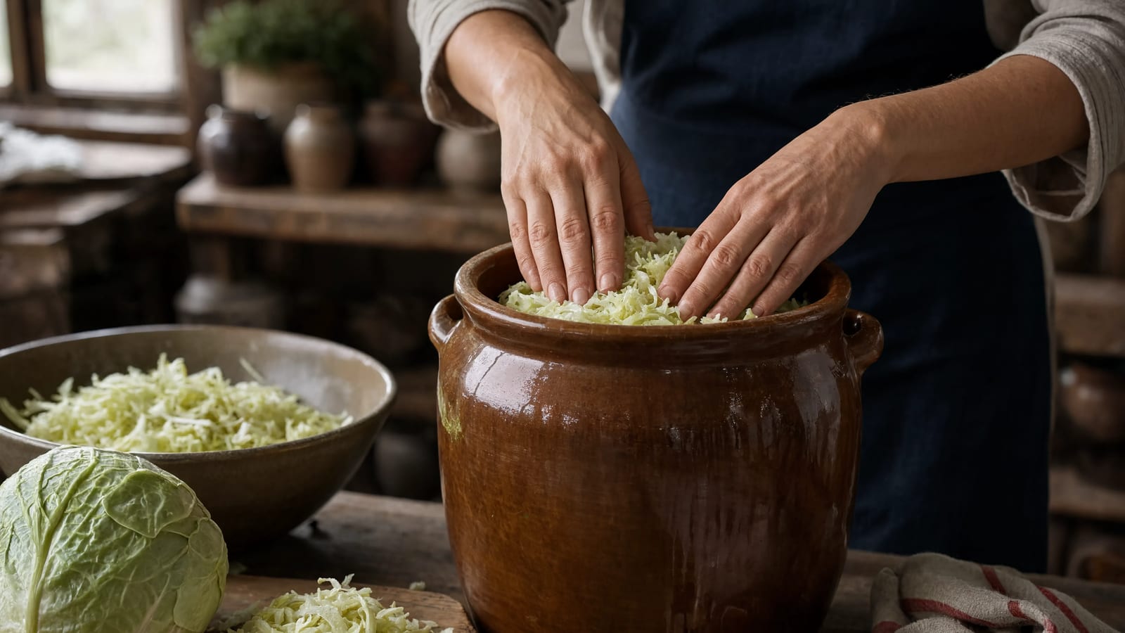 Preparing pickled vegetables in a rustic kitchen