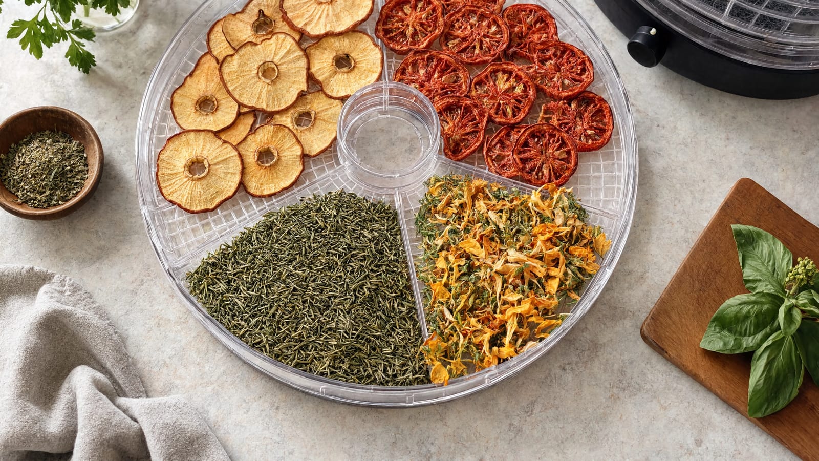 Dehydrated fruit slices arranged on a drying tray