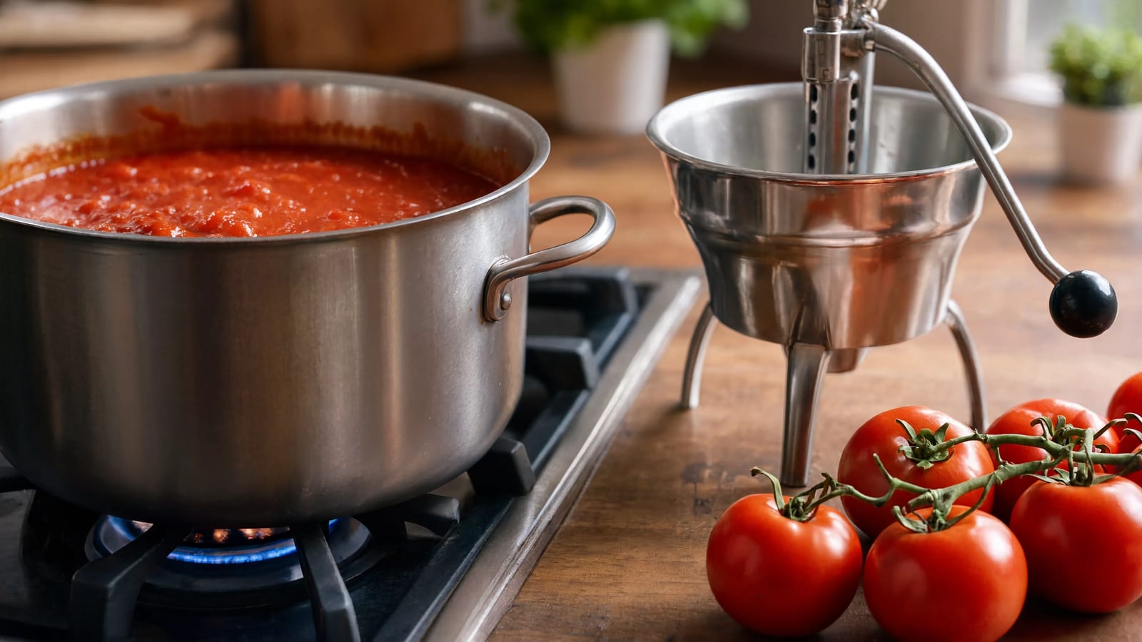 A large pot of fresh tomato sauce simmering in the kitchen