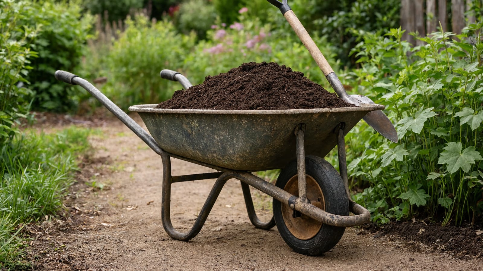 A wheelbarrow loaded with soil in a lush garden