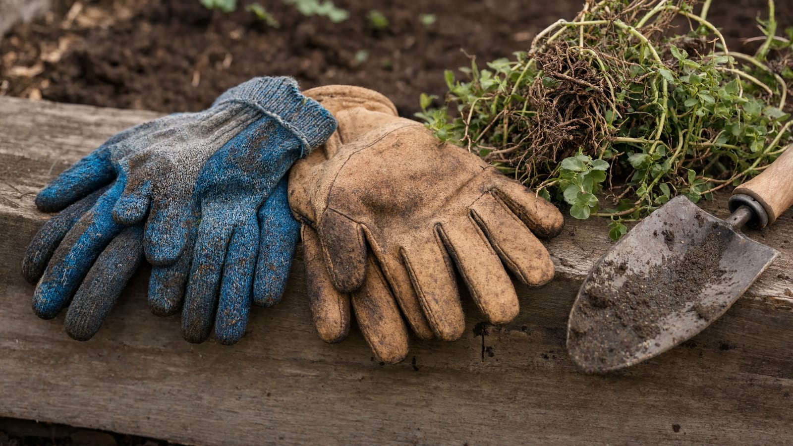 Worn coated garden gloves resting on the edge of a raised bed beside pulled weeds