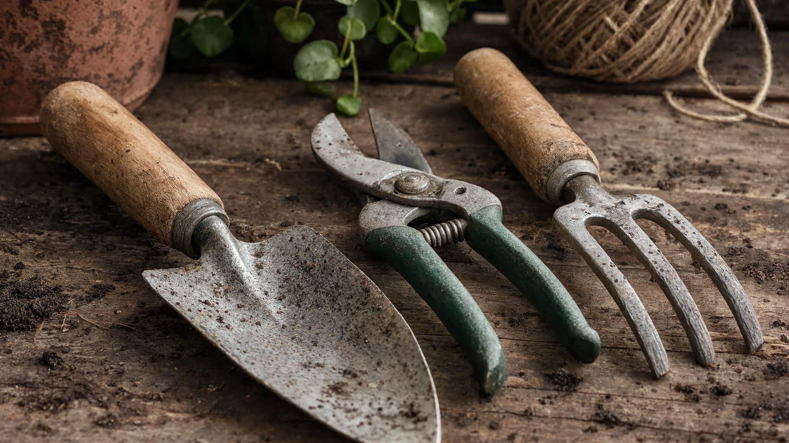 Garden hand tools arranged on a wooden workbench