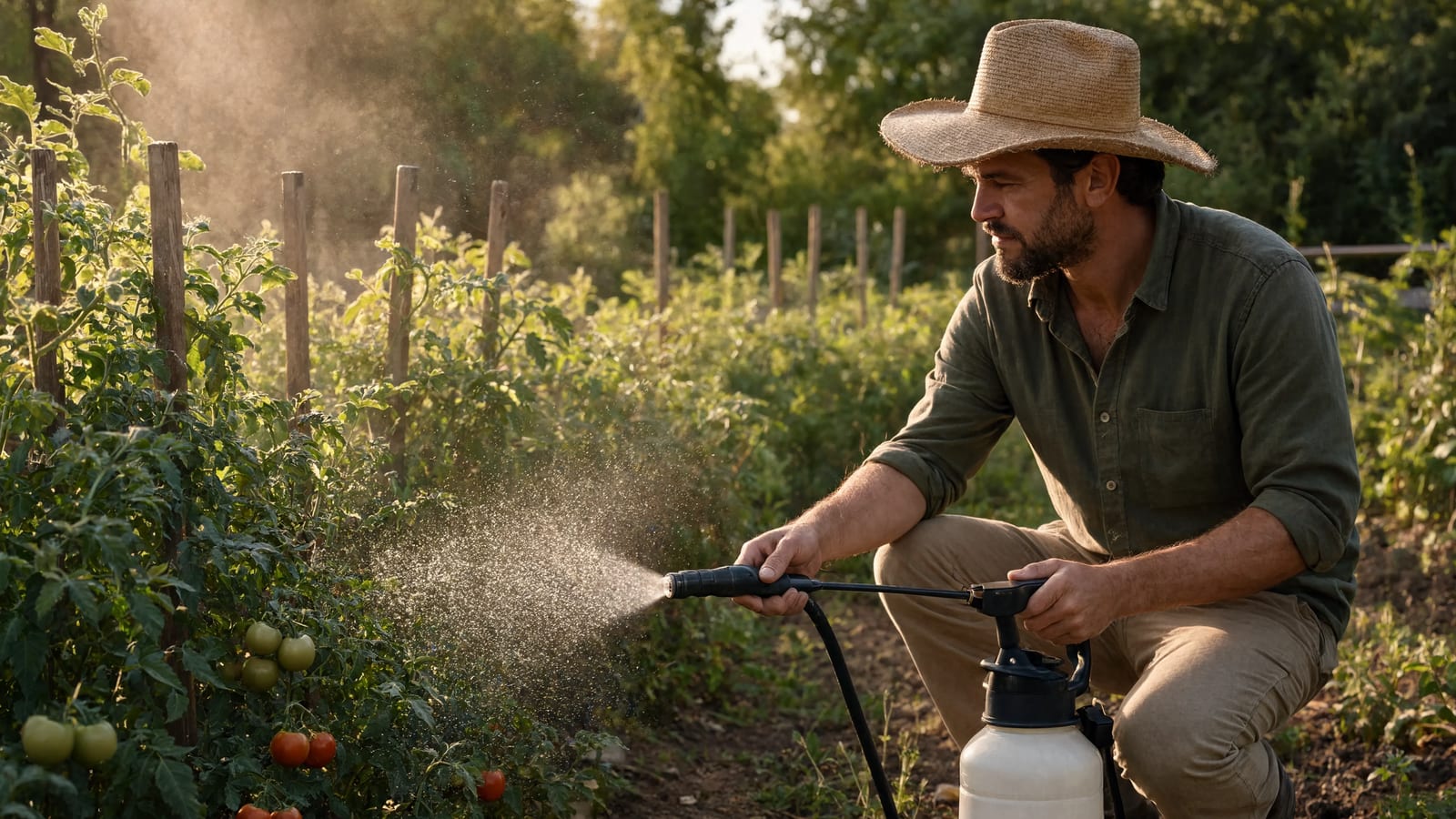 A gardener treating plants with a manual pump sprayer