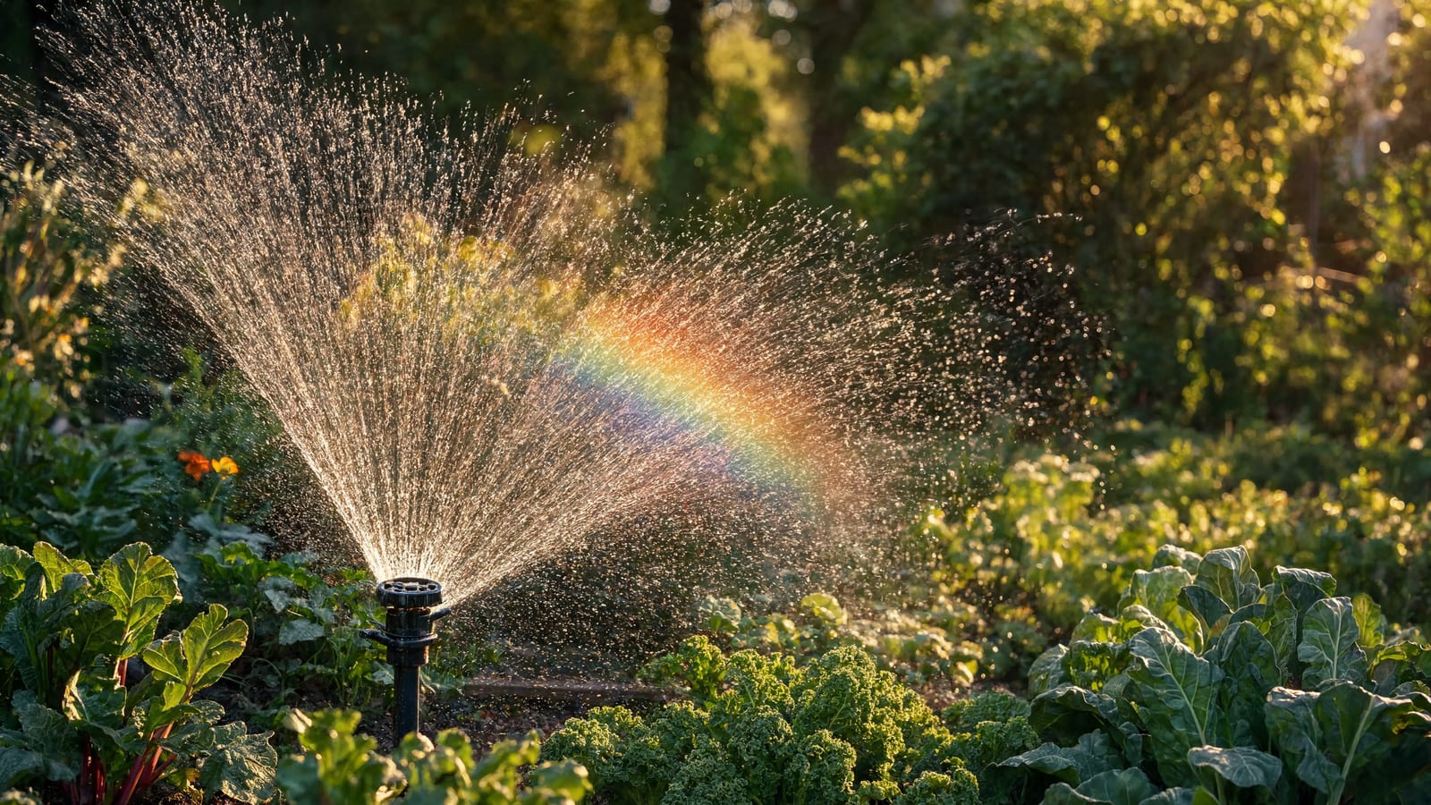 A garden sprinkler throwing sparkling water in the sunlight