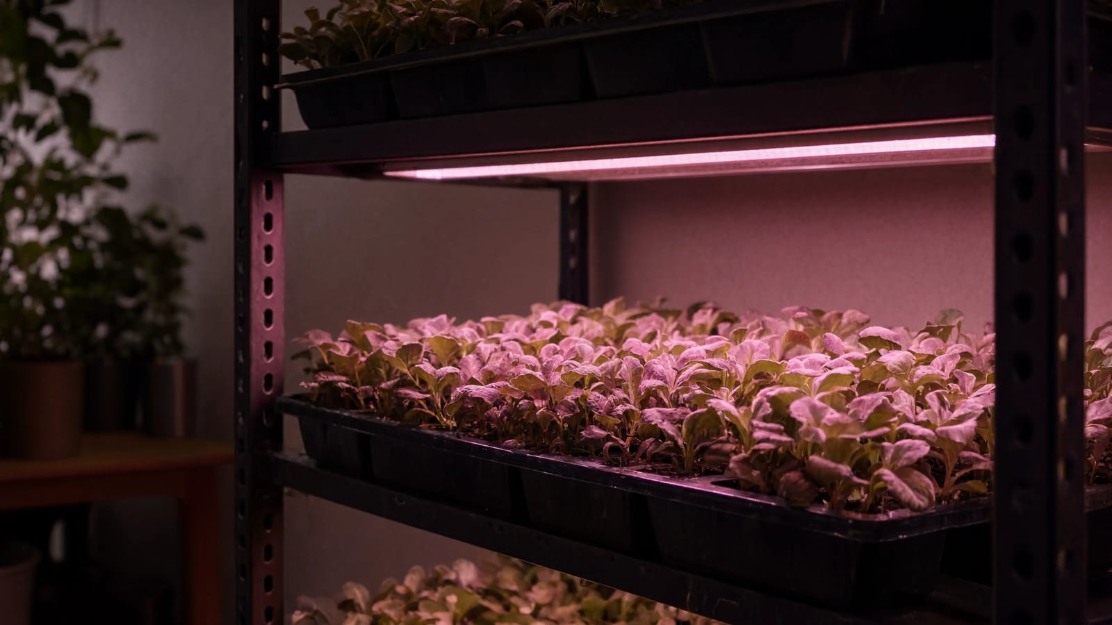 Lettuce seedlings growing under indoor grow lights