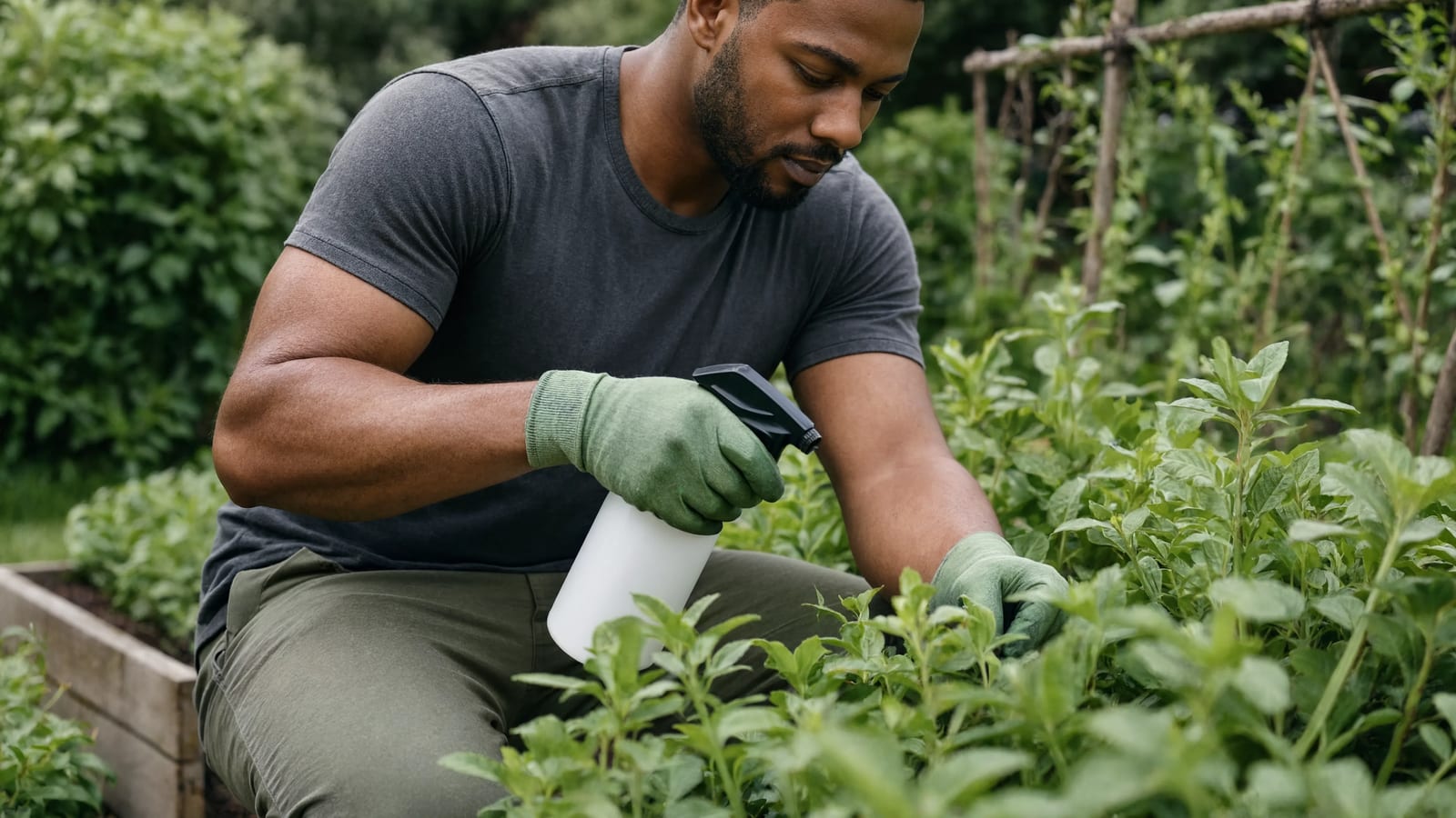 A gloved gardener spraying vegetable plants