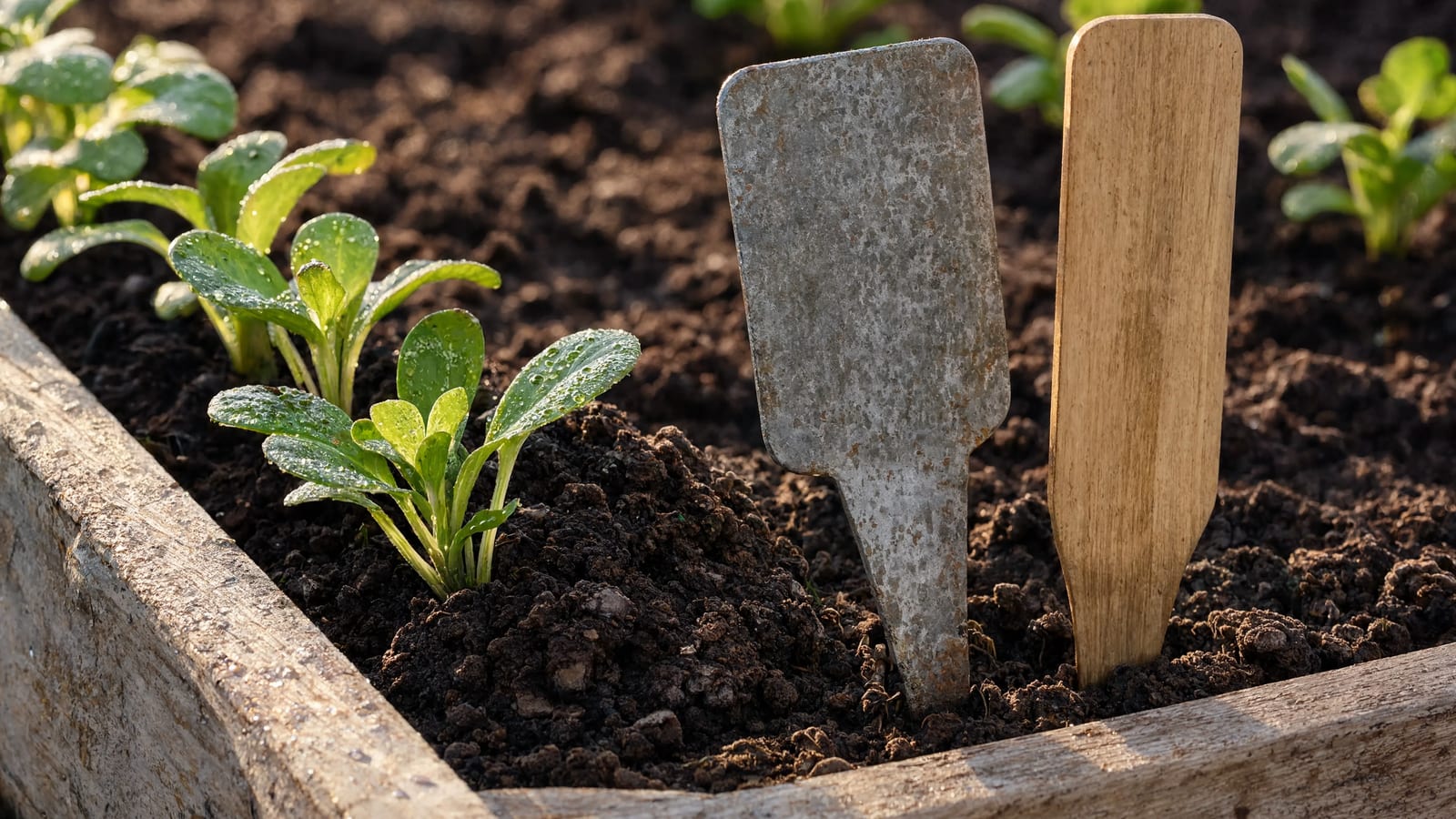 Weathered metal and wooden plant labels standing at the end of seedling rows in a garden bed