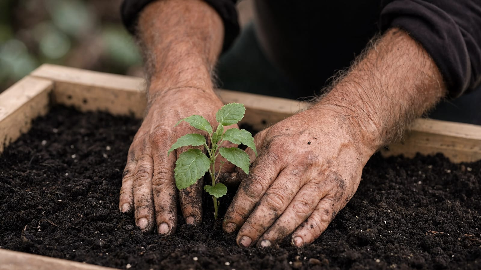A gardener transplanting into a pot of fresh potting mix