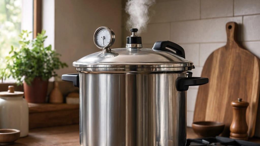 A stovetop pressure canner with its dial gauge coming up to pressure