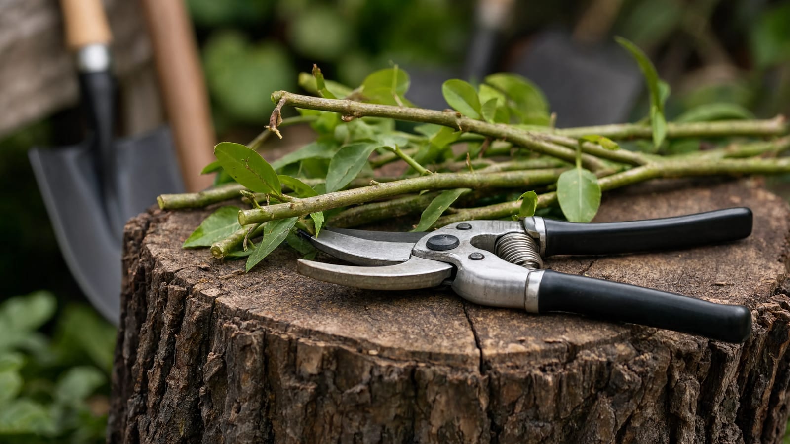 Pruning shears and other garden tools ready for use