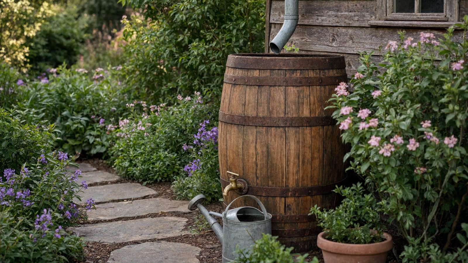 A wooden rain barrel beside a garden shed