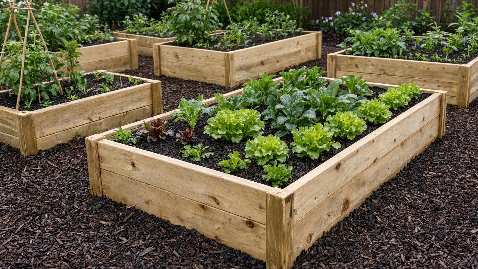 Neat wooden raised garden beds planted with vegetables