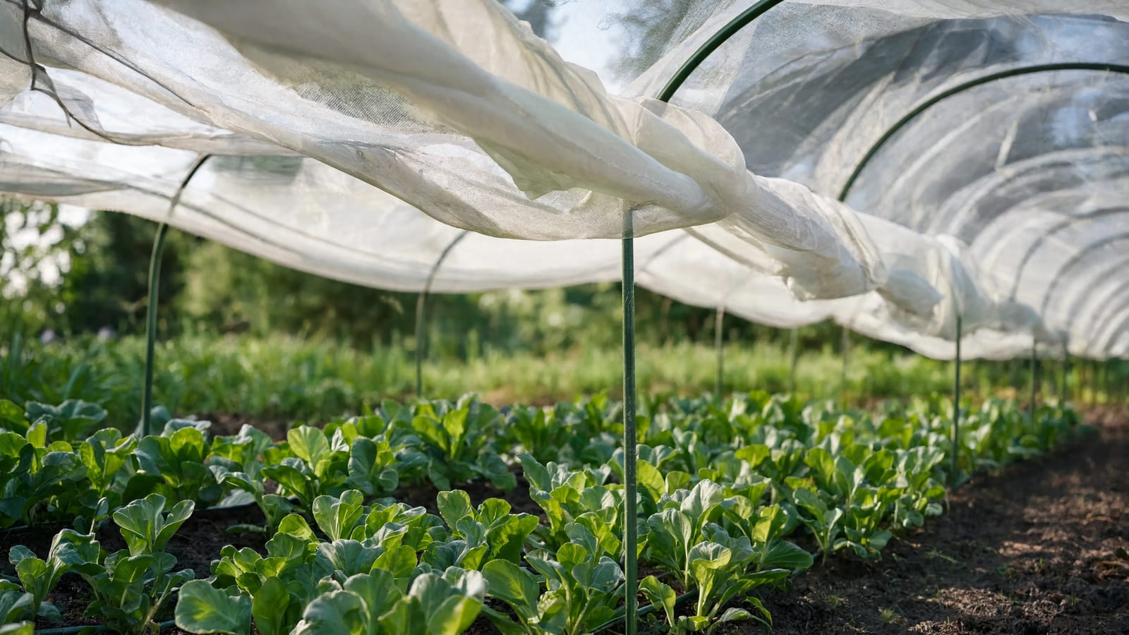 White protective fabric shading garden plants