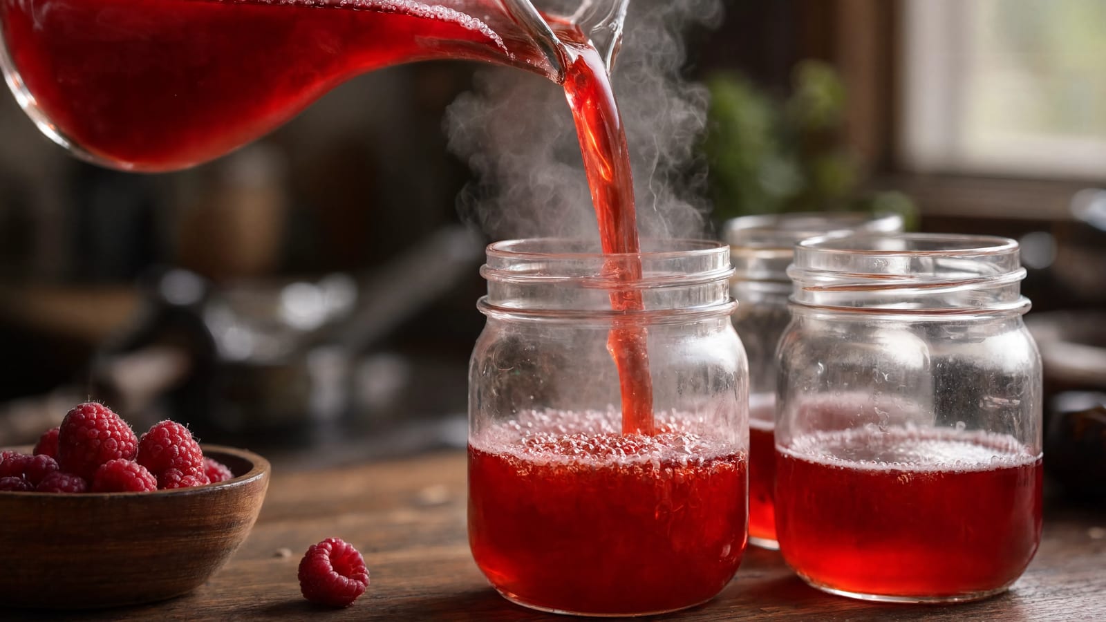 Fresh juice being poured into glass jars