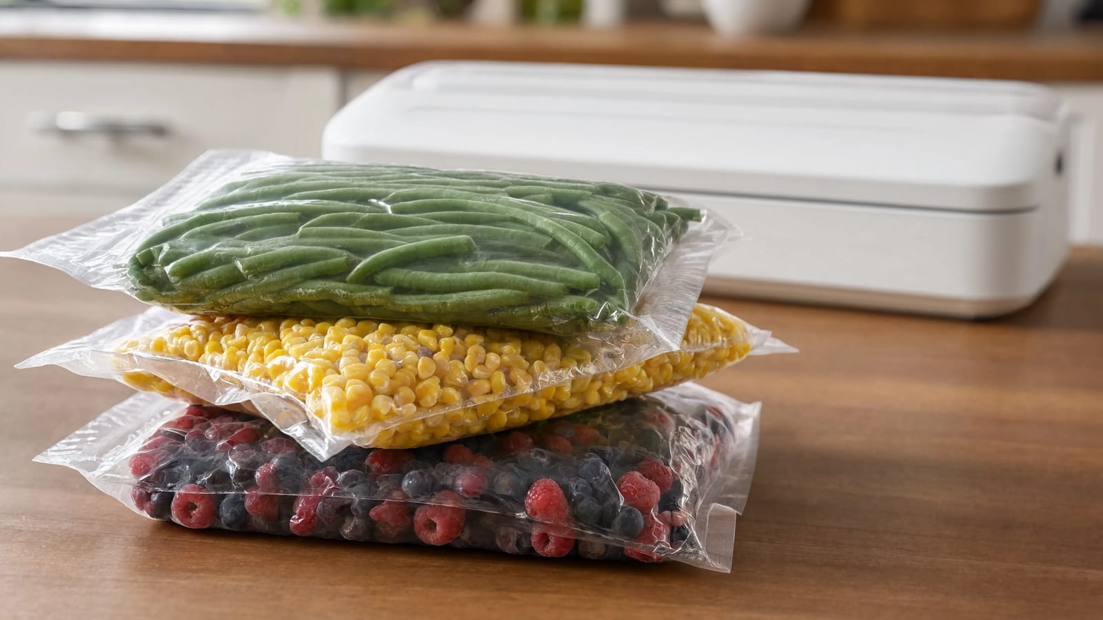 A vacuum sealer on a wooden table with sealed food bags and rolls of sealing plastic