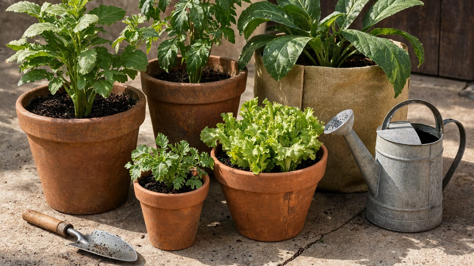 Gardening tools and potted plants ready for container planting
