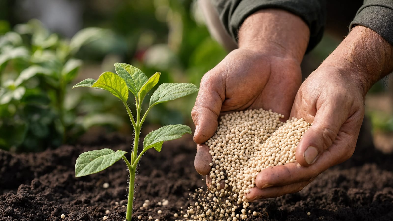 Hands holding granular fertilizer over garden soil