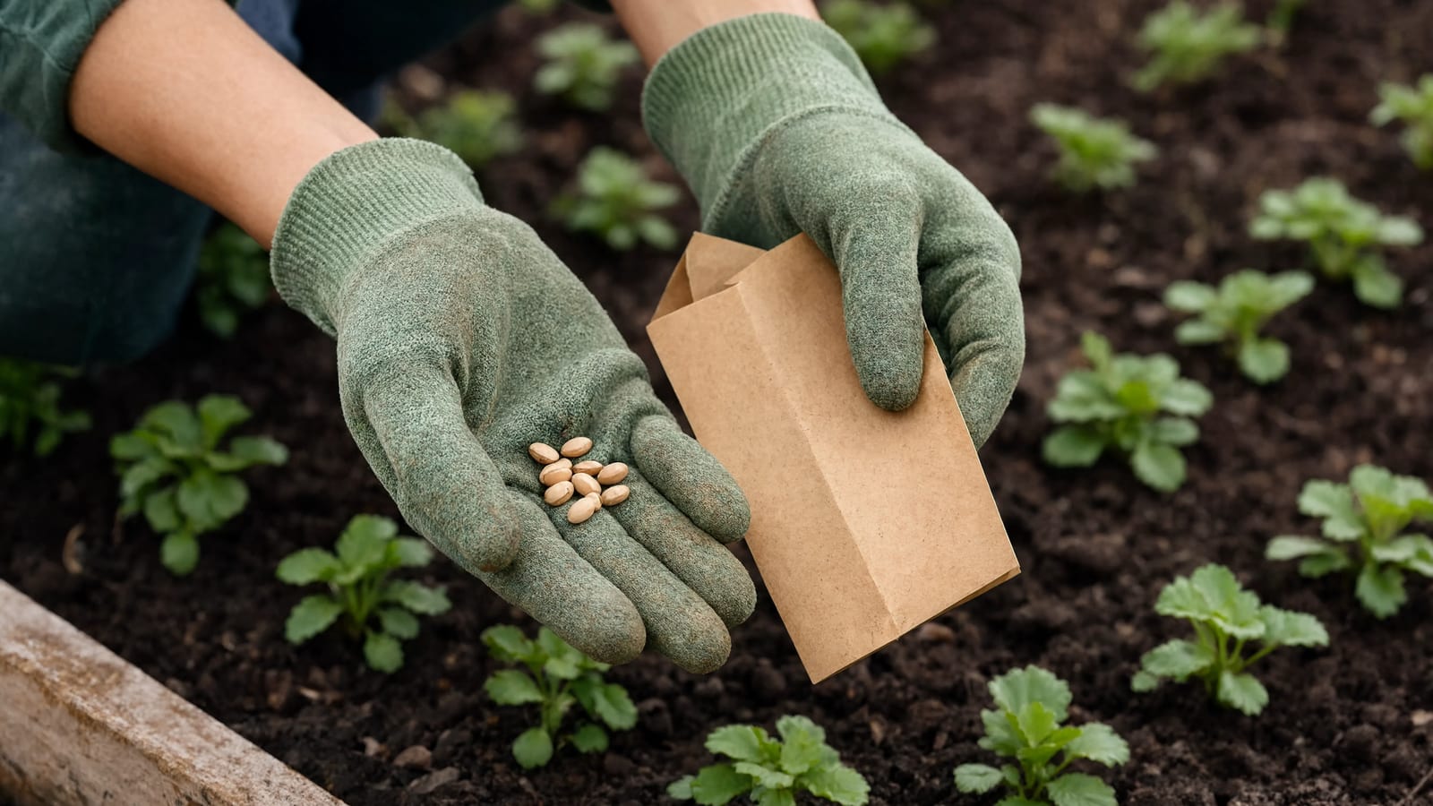 Gloved hands holding vegetable seed packets in a garden