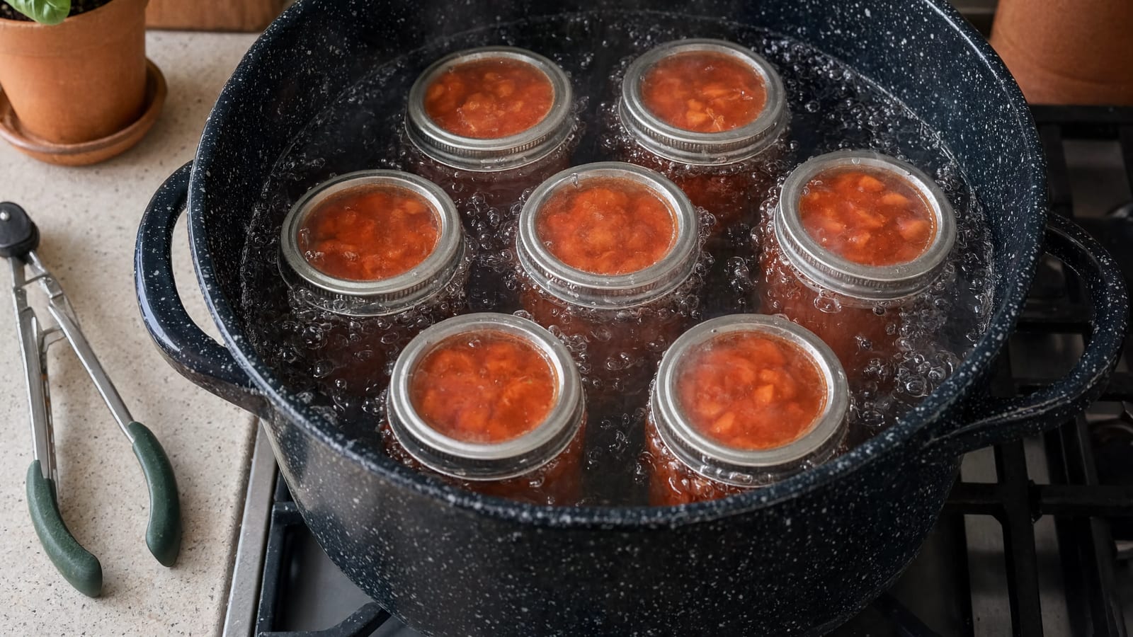 A large enamel canning pot with a jar rack, filled with quart jars under boiling water