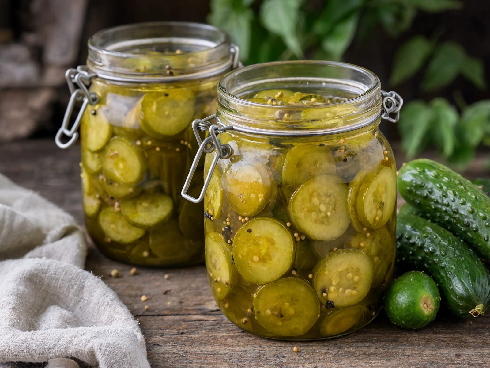 Two jars of homemade bread-and-butter pickles with fresh cucumbers