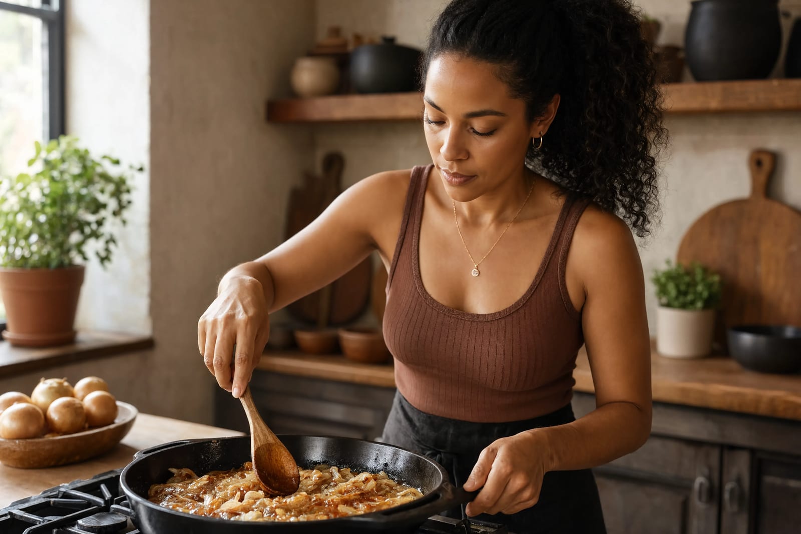 A cook stirring caramelized onions in a skillet with a wooden spoon