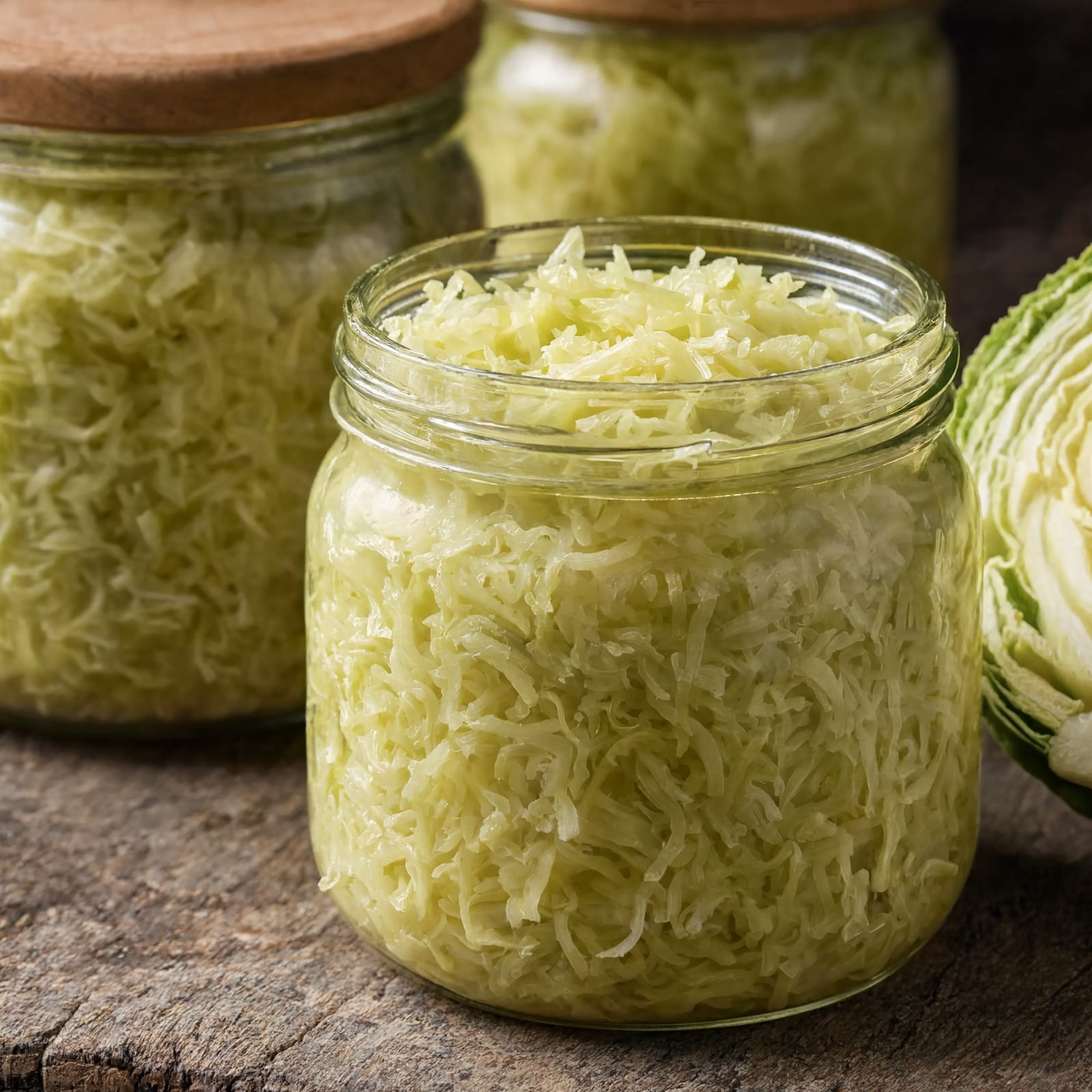 Shredded cabbage sauerkraut packed into glass jars