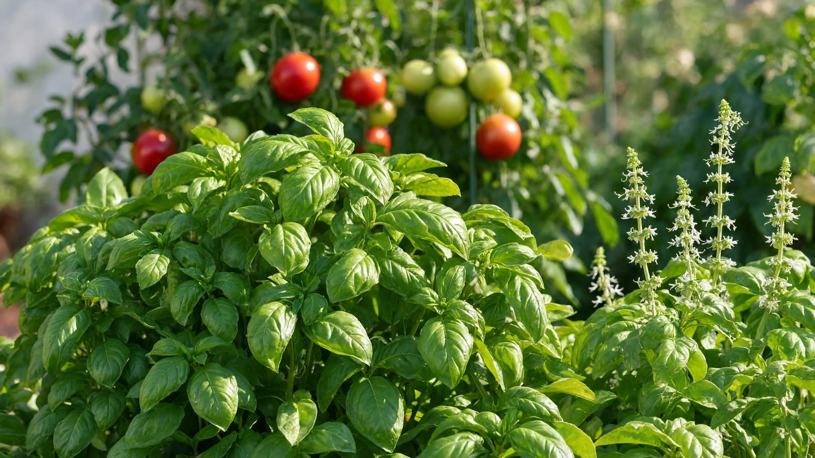 A bushy basil plant with large green leaves growing at the base of a tomato plant, with basil flower spikes blooming at the edge of the bed