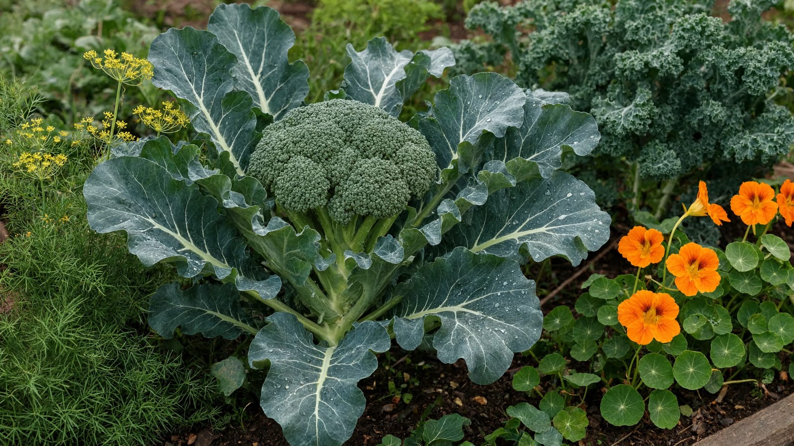 A broccoli plant with a tight blue-green head, flowering dill on one side and orange nasturtium blooms on the other