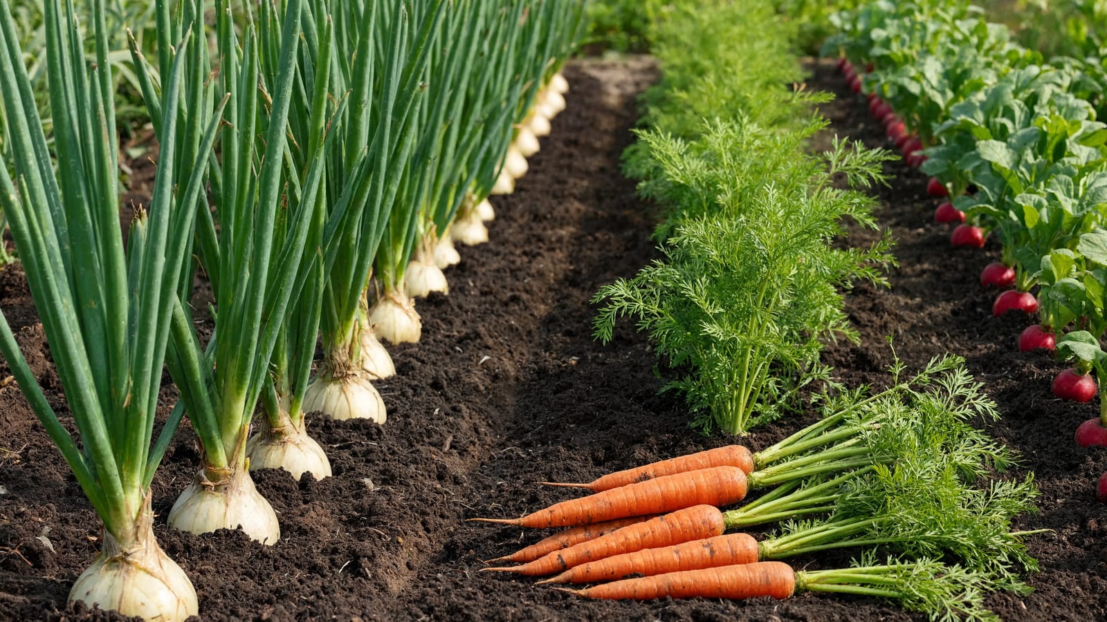 A row of onions growing beside a row of carrots, with freshly pulled carrots on the soil and radishes along the next row