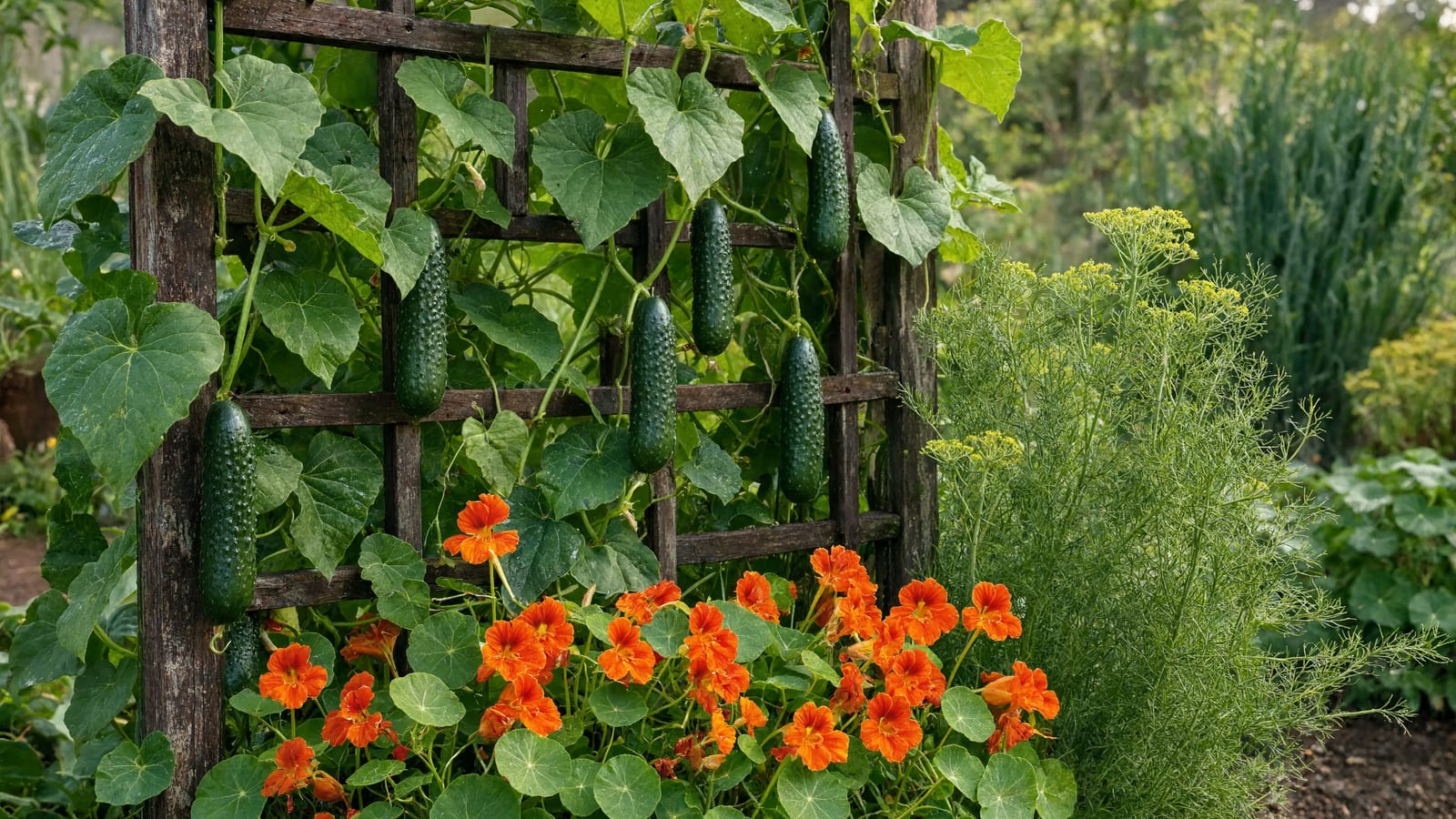 Cucumber vines climbing a wooden trellis with orange nasturtium flowers at the base and flowering dill beside them