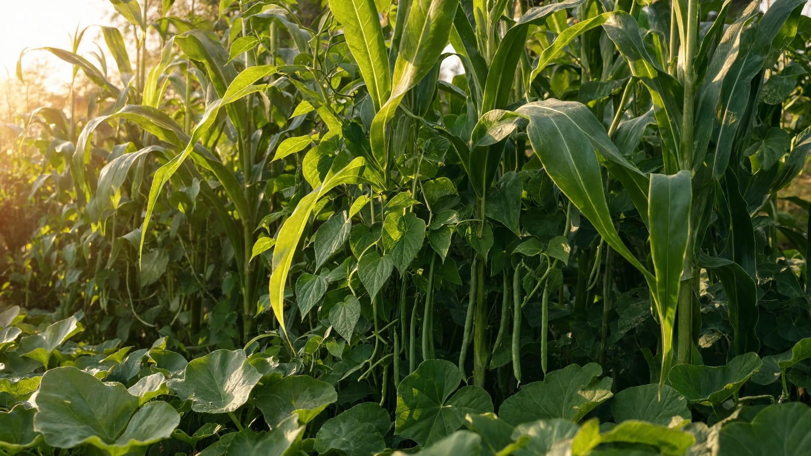 A Three Sisters planting with pole bean vines twining up sweet corn stalks and broad squash leaves covering the soil below