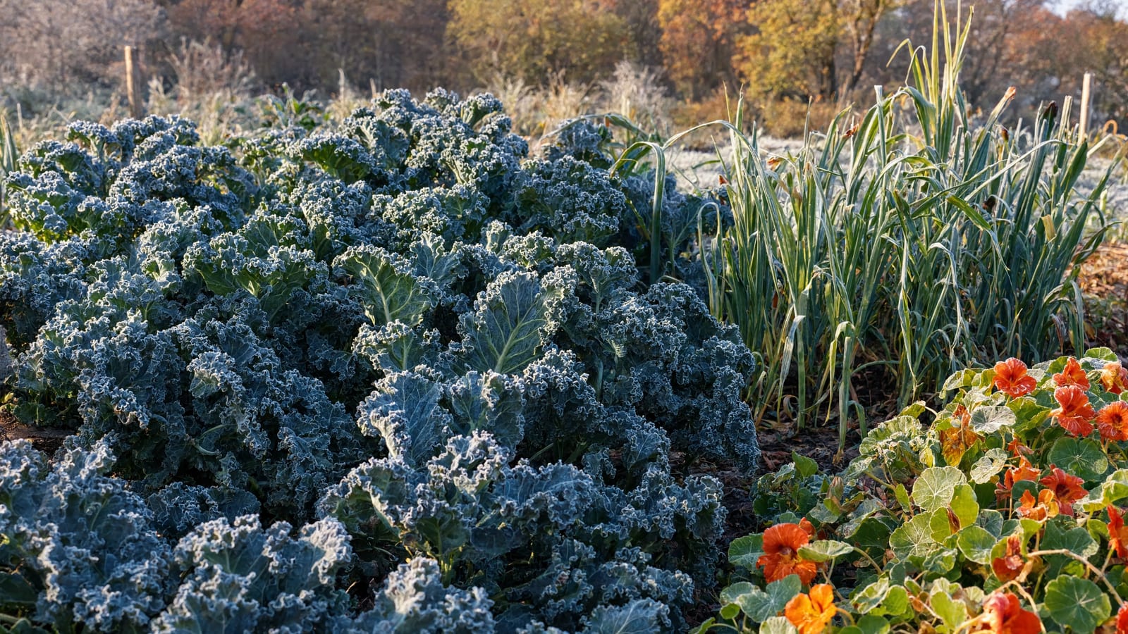 Frost-covered curly kale in a fall garden bed with garlic tops growing alongside and nasturtium blooming at the edge