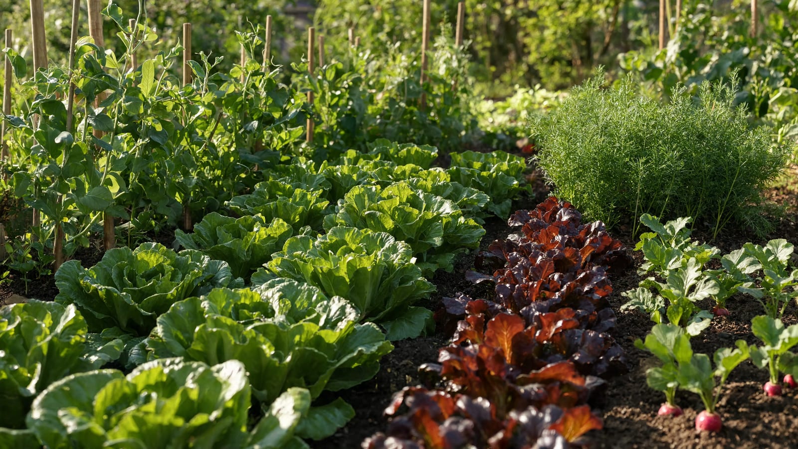 Rows of green and red leaf lettuce growing in the shade of tall trellised plants, with radishes and feathery herb foliage alongside