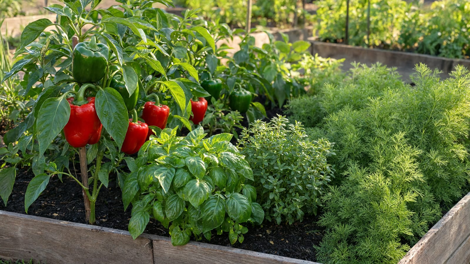 Bell pepper plants in a raised bed with basil and oregano covering the soil between them and carrot foliage along the row edge
