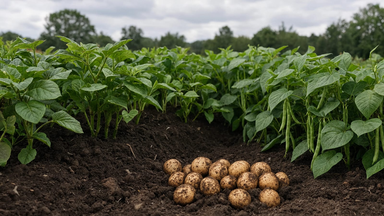 A hilled row of potato plants beside a row of bush beans in pod, with freshly dug potatoes resting on the dark soil between them