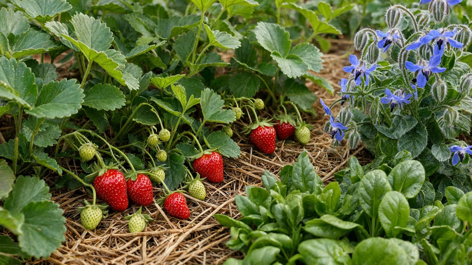 Ripe strawberries resting on straw mulch with spinach growing between the plants and blue borage flowers at the bed edge